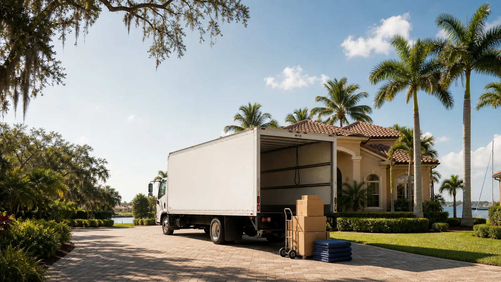 A moving truck loaded with boxes in the driveway of a waterfront Stuart, Florida home lined with palm trees.