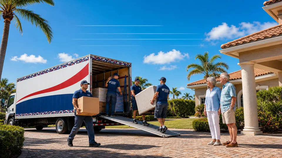 Andersen Moving crew loading a truck while a senior couple watches from the shade of their Treasure Coast home.